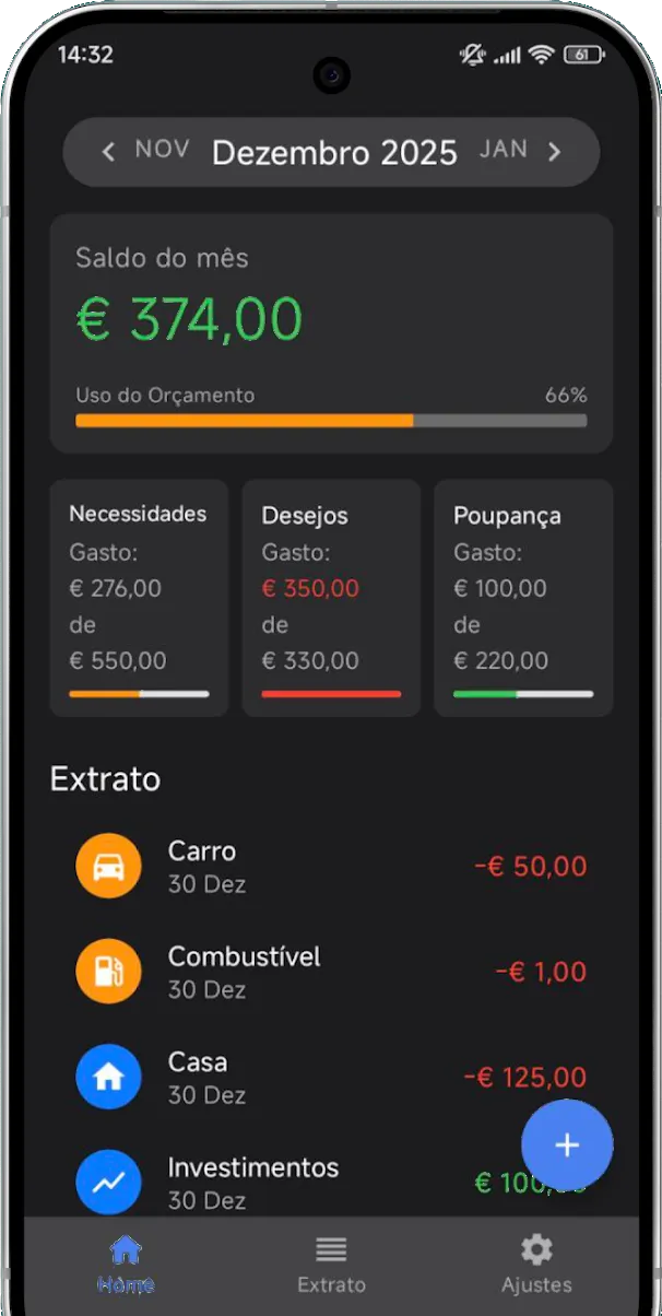Tela inicial do app mostrando o saldo do mês e os limites de Necessidades, Desejos e Poupança
