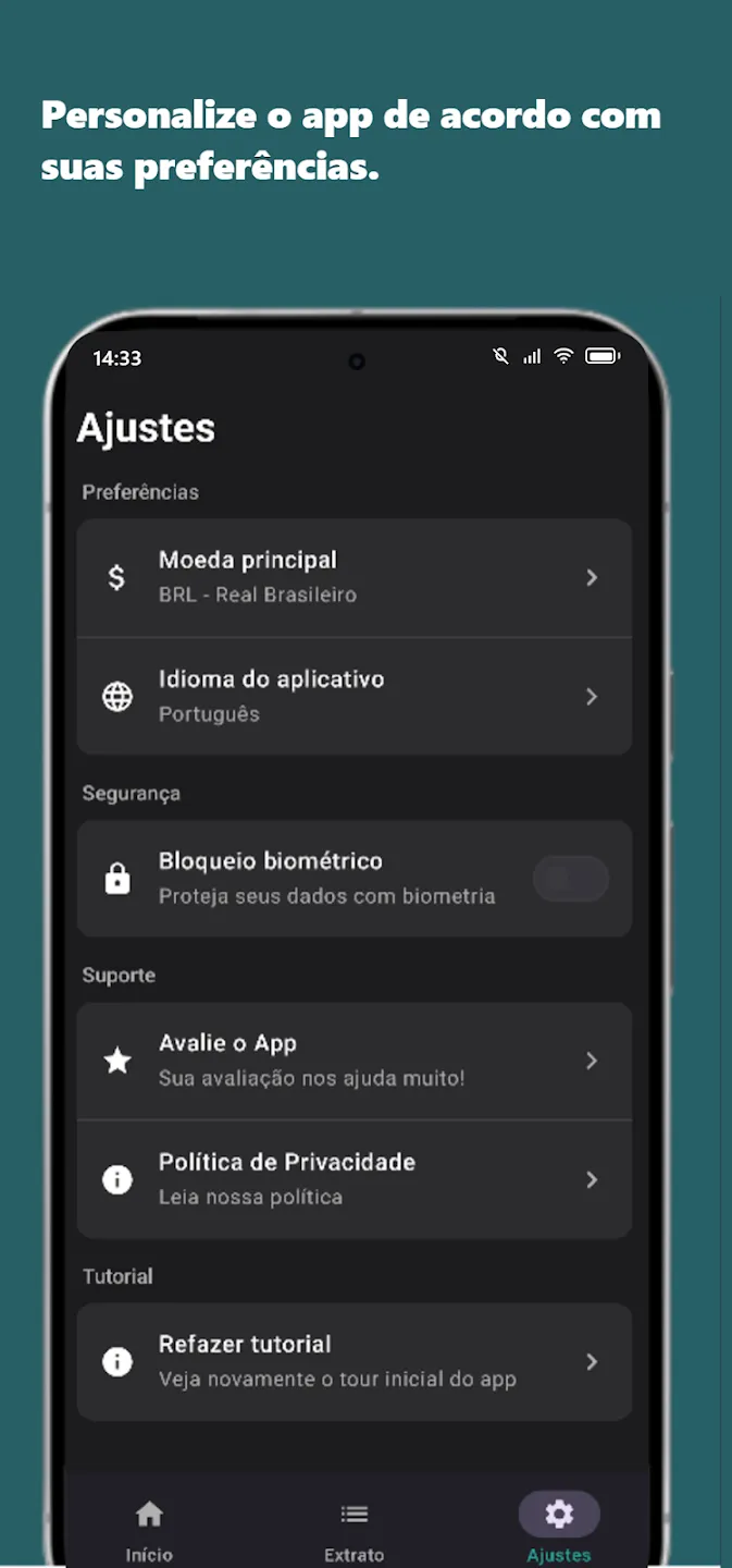 Tela de ajustes com preferências de moeda, idioma e bloqueio biométrico