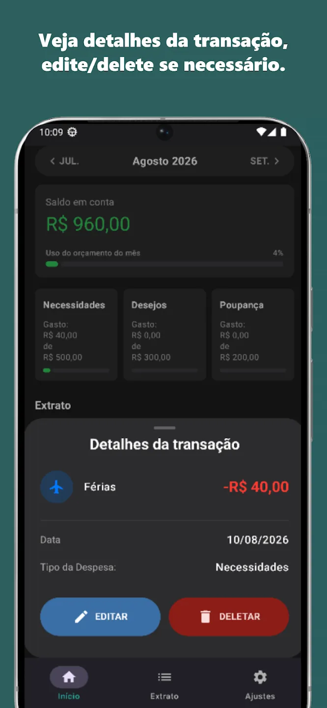 Tela de detalhes de uma transação, com opções de editar e deletar