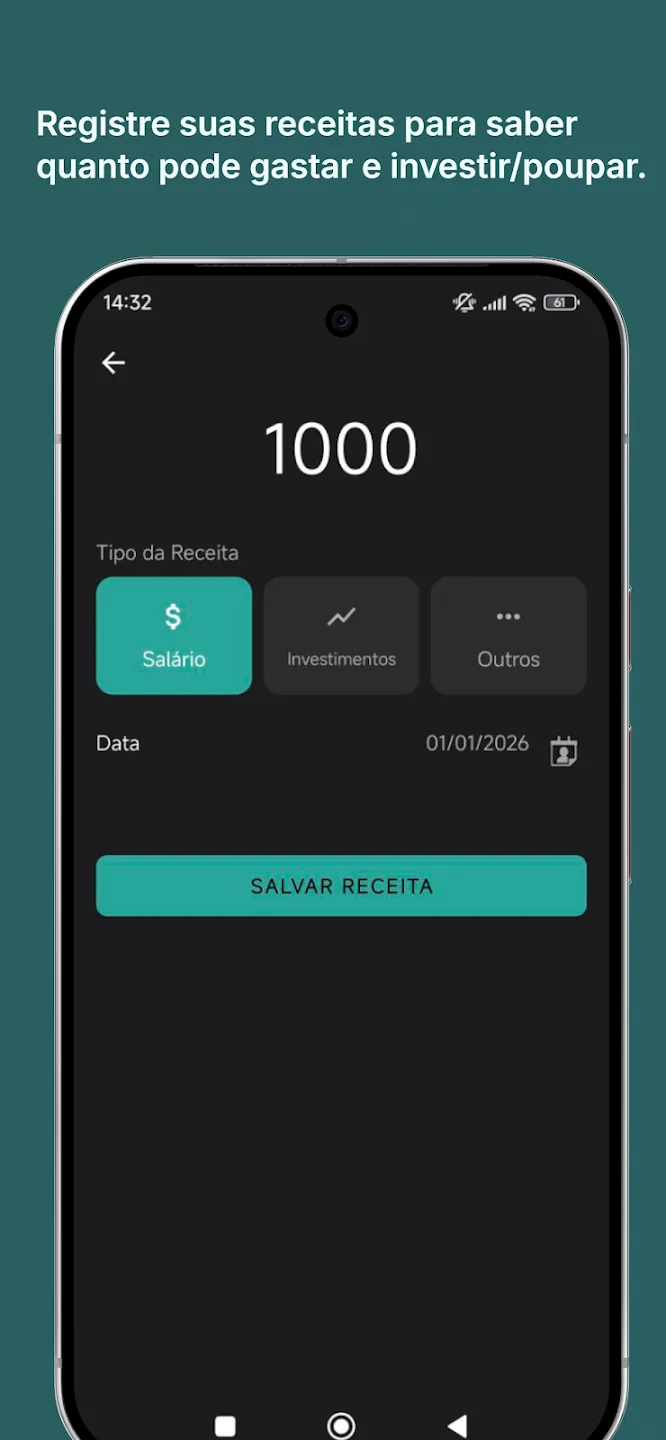 Tela de cadastro de receita com valor e tipo (Salário, Investimentos, Outros)